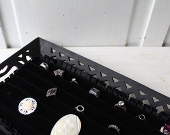 Ring Display Tray - Ring Organizer - Vintage Wooden Tray with Black Velvet Ring Inserts - Jewelry Display for Ring Lovers 15" x 9 1/2"