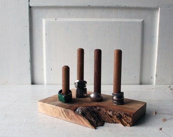 Walnut Ring Holder Display Organizer - 4 Posts - Multiple Ring Holder - Live Edge Natural Wood Jewelry Display