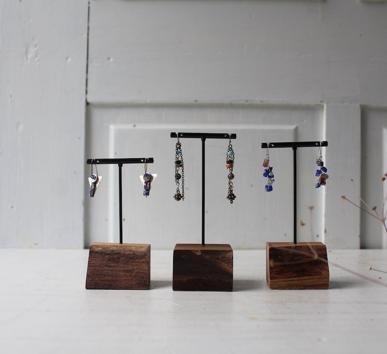 ONE Earring Display Stand Three Heights Available Live Edge Walnut & Metal T Stand Earring Holders Natural Jewelry Displays image 1