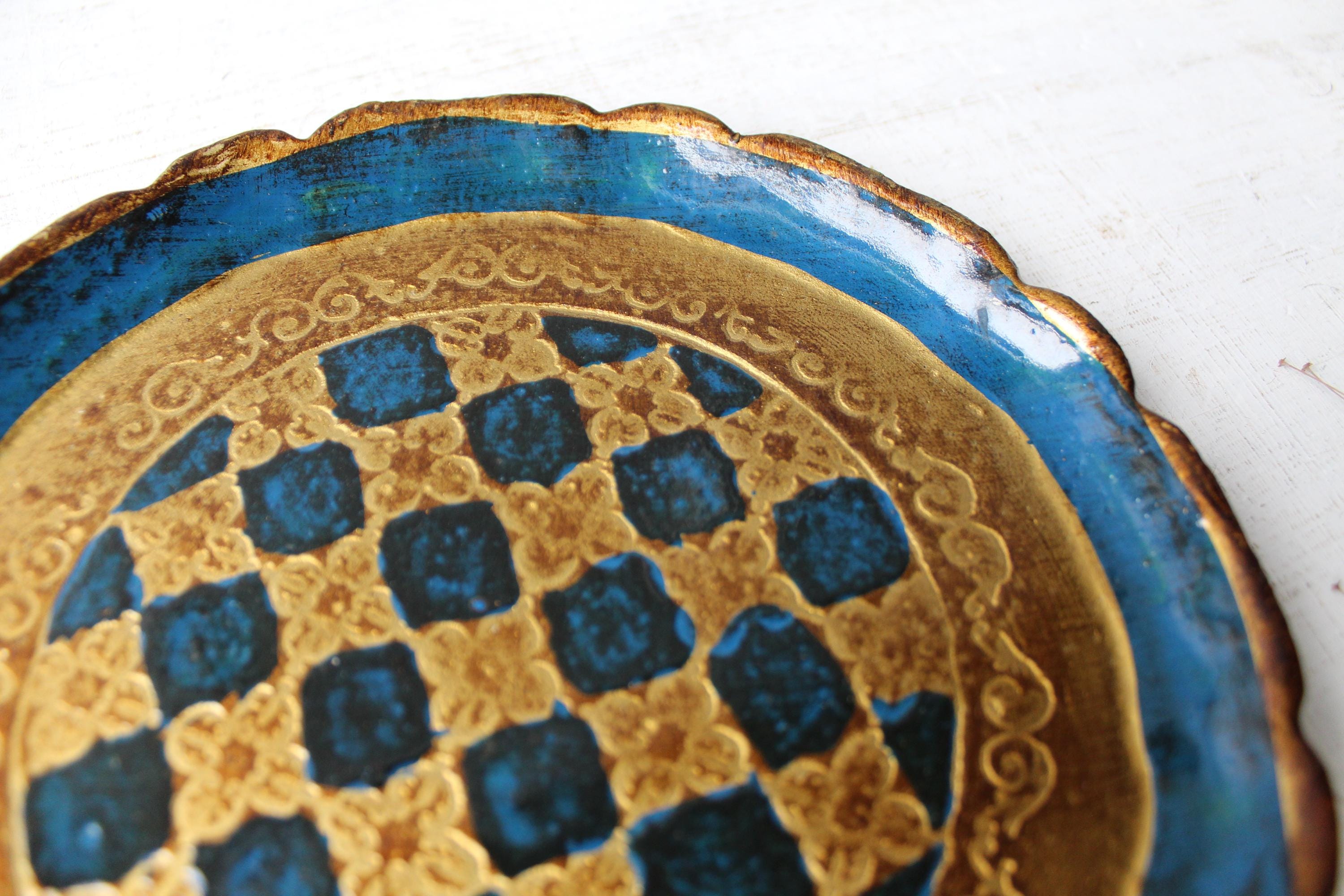 Vintage Florentine Tray - Round 7.5" Gold-gilded and Blue Checker Board ...