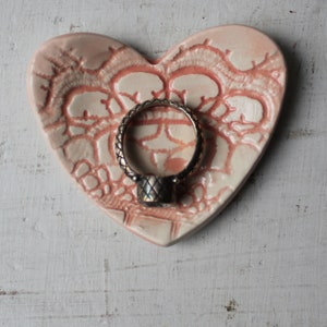 ONE Ring Dish Display - Vintage Handmade Ceramic Heart with Mandala Design- Ring Dish - Pink  2 1/2&quot;