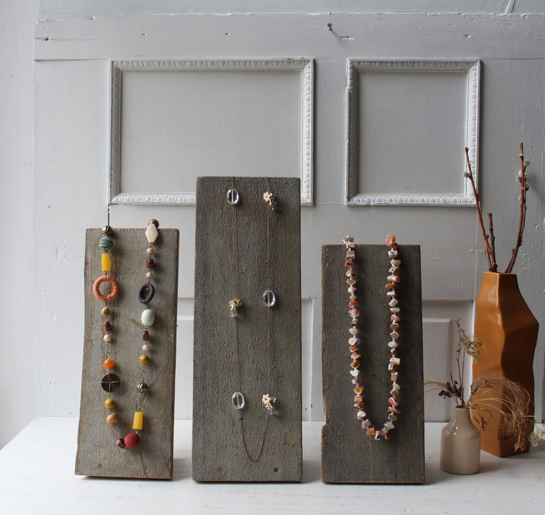 ONE Necklace Display Board Chippy Gray Paint Necklace Bust Salvaged Wood Farmhouse Retail Jewelry Display 12 to 15 1/2 tall image 1