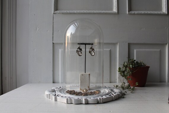 Jewelry Display Cloche Case Glass Dome Display Carved Wood Base