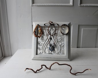 ONE Carved Wood Necklace / Bracelet Display Board - Distressed White with Nails - Collapsible / Fold Up Display - 10"