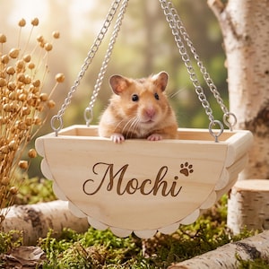 May include: A light brown hamster sits inside a semi-circular wooden hanging basket suspended by silver metal chains. The front of the light-coloured wooden basket features the engraved name Mochi followed by a small paw print icon.