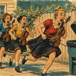 May include: A vintage-style illustration depicting four individuals in colorful blouses and dark skirts, each holding a violin and running in terror. A large spider is visible inside the open lid of a blue trash bin in the foreground.