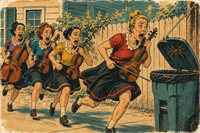May include: A vintage-style illustration depicting four individuals in colorful blouses and dark skirts, each holding a violin and running in terror. A large spider is visible inside the open lid of a blue trash bin in the foreground.