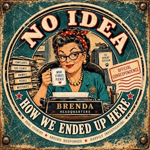 May include: A vintage-style metal sign featuring a woman with a red polka-dot headband and glasses, holding a mug that says MORE STORIES PLEASE. She sits at a typewriter labeled BRENDA HEADQUARTERS, surrounded by text like NO IDEA HOW WE ENDED UP HERE.