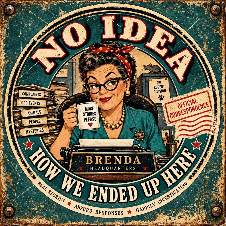May include: A vintage-style metal sign featuring a woman with a red polka-dot headband and glasses, holding a mug that says MORE STORIES PLEASE. She sits at a typewriter labeled BRENDA HEADQUARTERS, surrounded by text like NO IDEA HOW WE ENDED UP HERE.