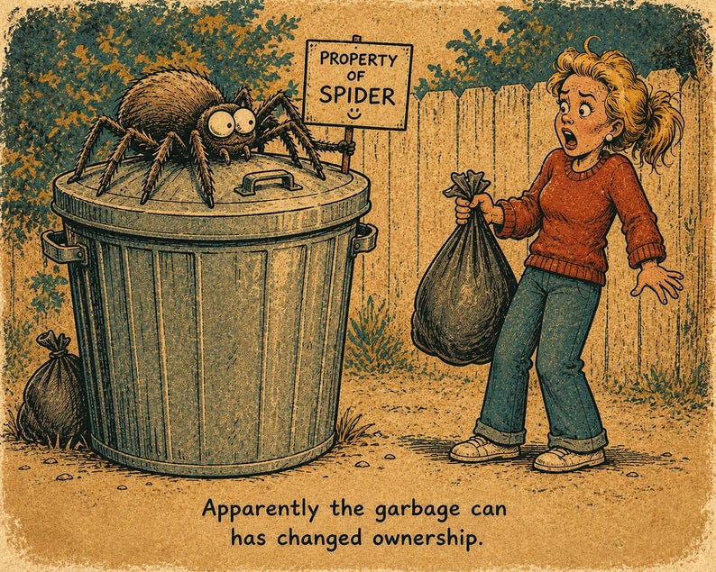 May include: A cartoon illustration of a large gray garbage can with a brown spider sitting on the lid holding a sign that reads PROPERTY OF SPIDER with a smiley face. A person stands nearby holding a black trash bag with a surprised expression.