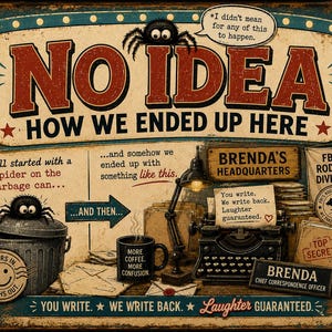 May include: A rectangular metal sign with a distressed finish featuring a cartoon spider and the text NO IDEA HOW WE ENDED UP HERE. It includes illustrations of a garbage can, a typewriter, a coffee mug labeled MORE COFFEE MORE CONFUSION, and various signs reading BRENDA'S HEADQUARTERS, FBI'S RODENT DIVISION, and TOP SECRET.