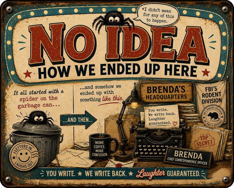 May include: A rectangular metal sign with a distressed finish featuring a cartoon spider and the text NO IDEA HOW WE ENDED UP HERE. It includes illustrations of a garbage can, a typewriter, a coffee mug labeled MORE COFFEE MORE CONFUSION, and various signs reading BRENDA'S HEADQUARTERS, FBI'S RODENT DIVISION, and TOP SECRET.