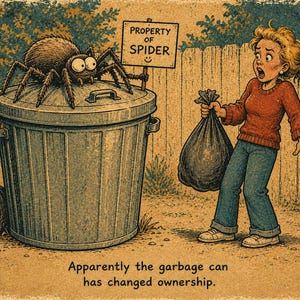 May include: A cartoon illustration of a large gray garbage can with a brown spider sitting on the lid holding a sign that reads PROPERTY OF SPIDER with a smiley face. A person stands nearby holding a black trash bag with a surprised expression.
