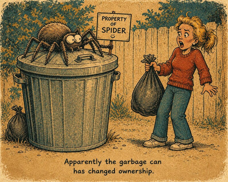 May include: A cartoon illustration of a large gray garbage can with a brown spider sitting on the lid holding a sign that reads PROPERTY OF SPIDER with a smiley face. A person stands nearby holding a black trash bag with a surprised expression.