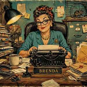 May include: A vintage-style illustration of a person with dark hair and glasses wearing a teal blouse and red polka-dot headband, typing on a black typewriter. A desk nameplate reads BRENDA, and a nearby folder is labeled TOP SECRET.