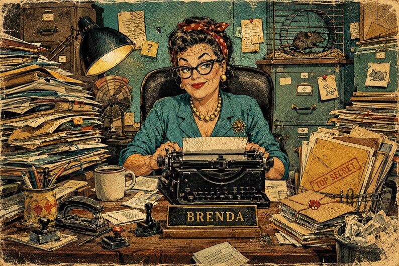 May include: A vintage-style illustration of a person with dark hair and glasses wearing a teal blouse and red polka-dot headband, typing on a black typewriter. A desk nameplate reads BRENDA, and a nearby folder is labeled TOP SECRET.