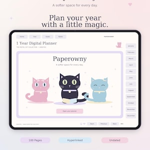 Puede incluir: Una agenda digital mostrada en una pantalla de tableta con el texto Paperowny, 1 Year Digital Planner y The Pastel Cat Collection. La interfaz incluye pestañas de navegación, botones mensuales y una ilustración de tres gatos en rosa, negro y azul.