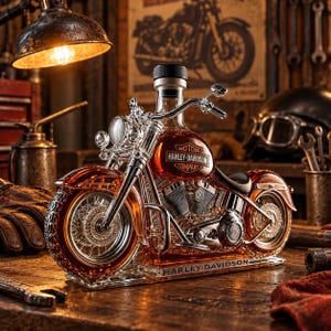 Puede incluir: Un decantador de vidrio transparente con forma de motocicleta que contiene un líquido de color ámbar. El tanque de combustible presenta el texto MOTOR HARLEY-DAVIDSON COMPANY y la base está grabada con HARLEY-DAVIDSON. Tiene manubrios y ruedas cromados.