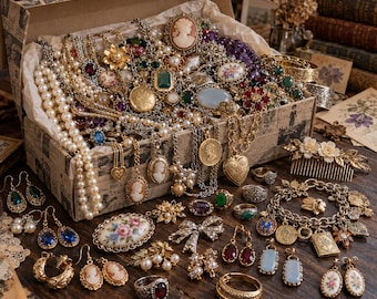 May include: A collection of vintage-style jewelry including pearl necklaces, cameo pendants, gold-tone charm bracelets, floral brooches, and various rings. The items are displayed inside and around a rectangular box with a newspaper-print pattern.