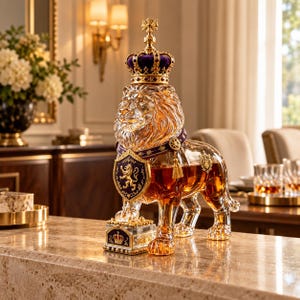 Könnte beinhalten: Eine klare Glaskaraffe in Form eines stehenden Löwen, gefüllt mit bernsteinfarbener Flüssigkeit. Der Löwe trägt eine violett-goldene Krone mit roten Edelsteinen, ein violettes Halsband mit goldenen Quasten und einen Schild mit Löwenemblem.