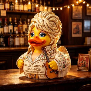May include: A yellow rubber duck figurine styled with blonde hair, wearing a white jumpsuit with floral embroidery, rhinestones, and fringe. The text reads DOLLY PARTON 1946-2026 FOREVER IN OUR HEARTS. It holds a small acoustic guitar and features a butterfly.