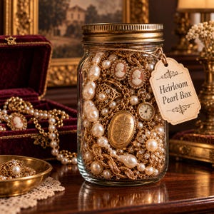 May include: A clear glass jar with a gold metal lid filled with gold jewelry, pearl necklaces, and cameos. A beige paper tag tied to the jar with twine features the text Heirloom Pearl Box in black ink. The jar contains various gold chains, a small round clock, and floral-shaped brooches.