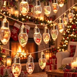 Pode incluir: Um cordão de luzes de Natal com ornamentos de vidro transparente em forma de lâmpada, preenchidos com cenas festivas em miniatura, incluindo bonecos de neve, árvores de Natal e presentes, suspensos num fio com bases metálicas prateadas.