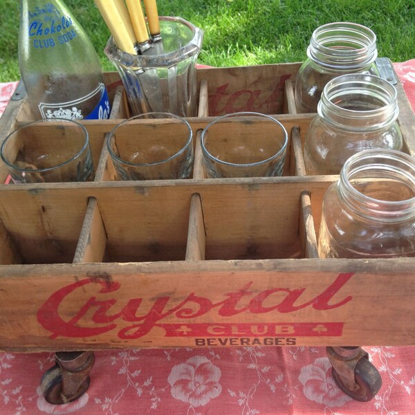 Vintage Crystal Club Wooden Beverage Crate Attached to Geerpres Wheels/Casters