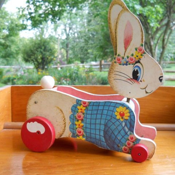 Fisher Price Pull Toy Number 307 Made in 1961 -  Bunny Rabbit And Cart