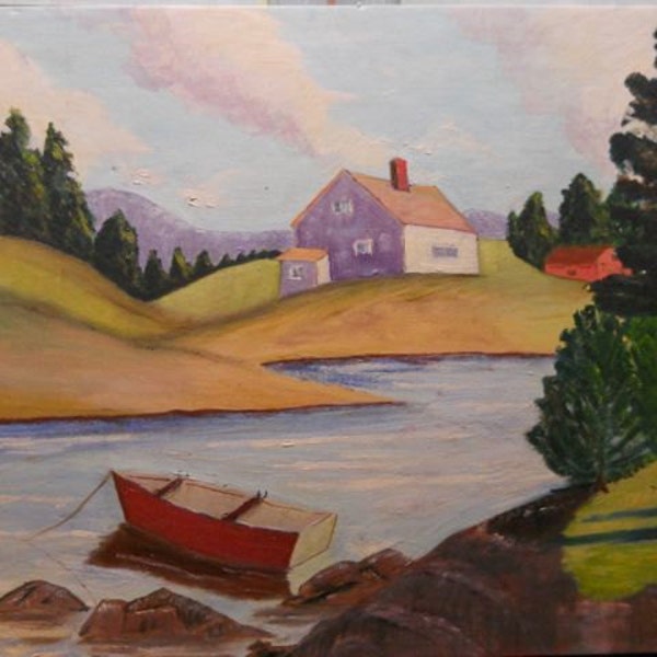 Original Artwork - 18" x 24" Painting of a Bucolic Scene Featuring Rolling Hills, Pine Trees, A Boat and a House