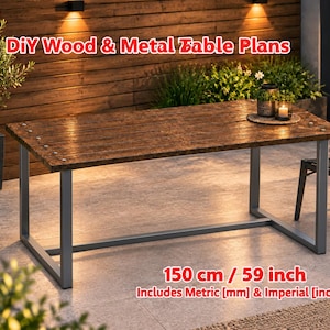 0030 Small DIY Garden Table Plans, 5ft Outdoor Wood and Metal Dining Table Blueprints, Patio Table CAD Drawings, Steel Leg Workbench PDF