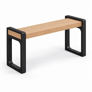 Puede incluir: Un banco rectangular que presenta un asiento de madera de color marrón claro con un patrón de veta visible. El asiento está sostenido por dos patas de metal negro, cada una diseñada con un marco rectangular redondeado continuo.