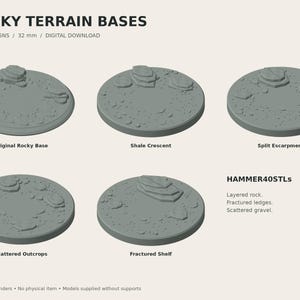 May include: Five gray circular 32 mm rocky terrain bases for miniatures. The designs include Original Rocky Base, Shale Crescent, Split Escarpment, Scattered Outcrops, and Fractured Shelf, featuring layered rock, fractured ledges, and scattered gravel.
