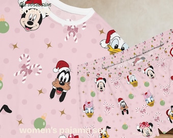 Disney Christmas Pajama Set | Pink Mickey & Friends Holiday PJs, Womens Matching Family Christmas Pajamas, Cute Disney Christmas PJs