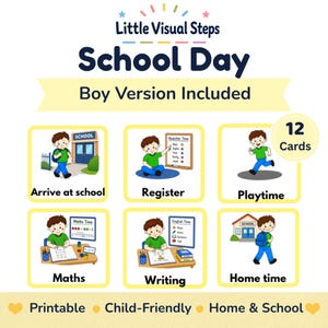 May include: A set of 12 printable visual cards titled Little Visual Steps School Day. The cards feature cartoon illustrations of a student performing school activities like arriving, registering, playing, doing math, writing, and going home.