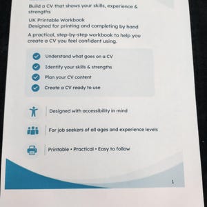May include: A white page titled OPENPATH FUTURES GUIDED CV WORKBOOK. It includes text about building a CV, identifying skills, and planning content. Features icons for accessibility, job seekers, and printing. The page has blue accents and the number 1.