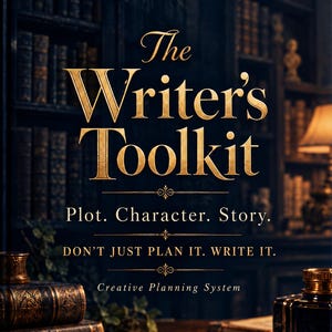 May include: A book cover titled The Writer's Toolkit, featuring the subtitle Plot. Character. Story. and the text DON'T JUST PLAN IT. WRITE IT. Creative Planning System. The design includes a fountain pen on parchment and antique books.