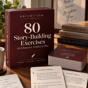 Op de afbeelding: Een Writer's Gym kaartenset met 80 oefeningen voor het opbouwen van verhalen, personages, conflicten en plots. De set bevat kaarten met schrijfopdrachten, vragen en nieuwe verhalen, samen met een notitieboek met handgeschreven ideeën.