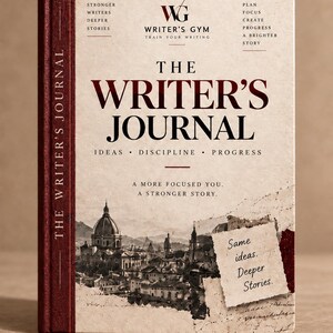 May include: A hardcover journal titled The Writer's Journal with a cream-colored cover, a dark red spine, and a dark red ribbon bookmark. The cover features the text Writer's Gym, Train Your Writing, and a black and white illustration of a city skyline.