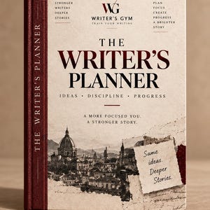 May include: A hardcover planner with a cream-colored cover and a dark red spine. The front features the text "The Writer's Planner," "Writer's Gym," and "A more focused you. A stronger story." It includes a black and white illustration of a city skyline.