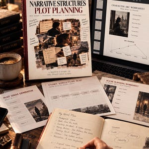 K&ouml;nnte beinhalten: Ein Writer's Gym Handbuch mit dem Titel Narrative Structures Plot Planning, das eine Collage aus Szenen und Notizen zeigt. Daneben zeigt ein Laptop ein Charakter-Arbeitsblatt, w&auml;hrend weitere Arbeitsbl&auml;tter und ein handschriftliches Notizbuch bereitliegen.