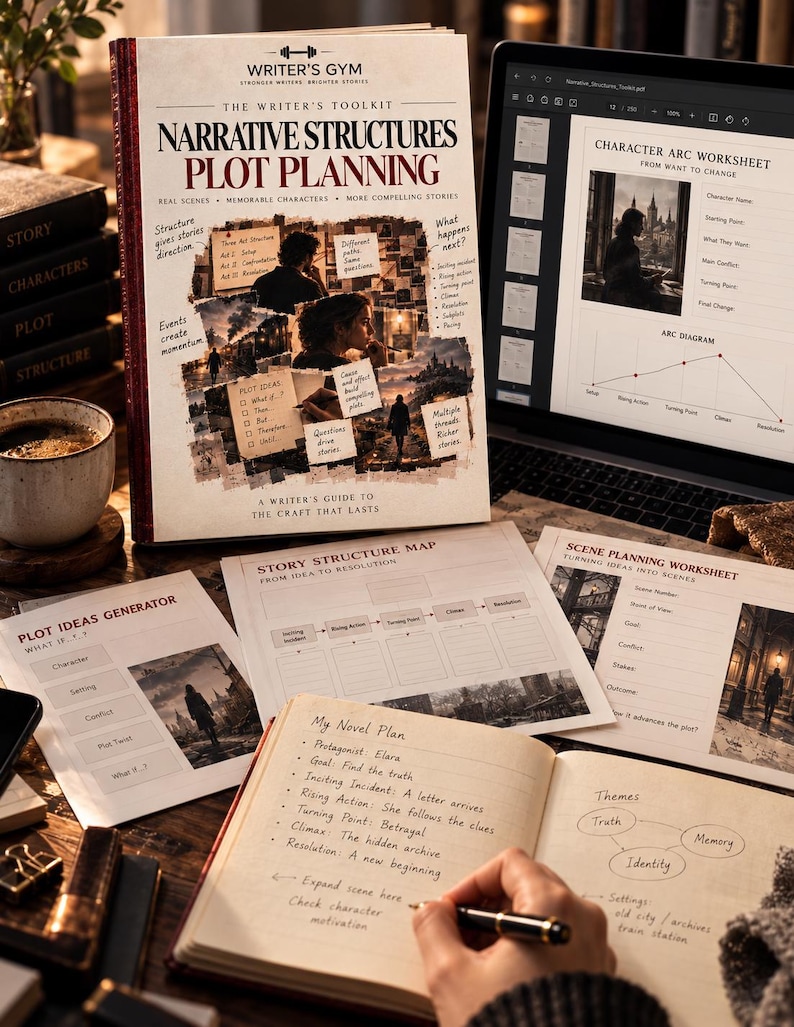 K&ouml;nnte beinhalten: Ein Writer's Gym Handbuch mit dem Titel Narrative Structures Plot Planning, das eine Collage aus Szenen und Notizen zeigt. Daneben zeigt ein Laptop ein Charakter-Arbeitsblatt, w&auml;hrend weitere Arbeitsbl&auml;tter und ein handschriftliches Notizbuch bereitliegen.
