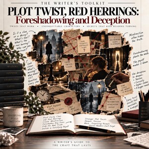 Op de afbeelding: Een Writer's Gym toolkit poster getiteld Plot Twist, Red Herrings: Foreshadowing and Deception. Het bevat een collage van mysterie-thema afbeeldingen, waaronder een silhouet in de regen, een schaakstuk, een sleutel en een open notitieboek met handgeschreven notities over schrijfkunst. Een mok met de tekst Discipline Fuels Freedom staat op een bureau met boeken en pennen.