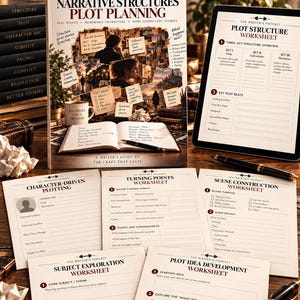 K&ouml;nnte beinhalten: Ein Writer's Gym Toolkit mit einem Buch mit dem Titel Narrative Structures Plot Planning, einem Tablet mit einem Plot Structure Worksheet und mehreren gedruckten Arbeitsbl&auml;ttern wie Character-Driven Plotting.