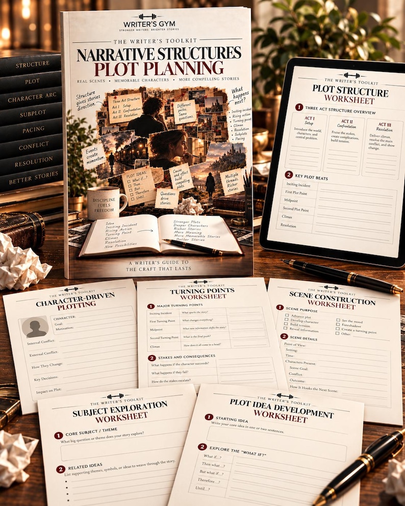 K&ouml;nnte beinhalten: Ein Writer's Gym Toolkit mit einem Buch mit dem Titel Narrative Structures Plot Planning, einem Tablet mit einem Plot Structure Worksheet und mehreren gedruckten Arbeitsbl&auml;ttern wie Character-Driven Plotting.