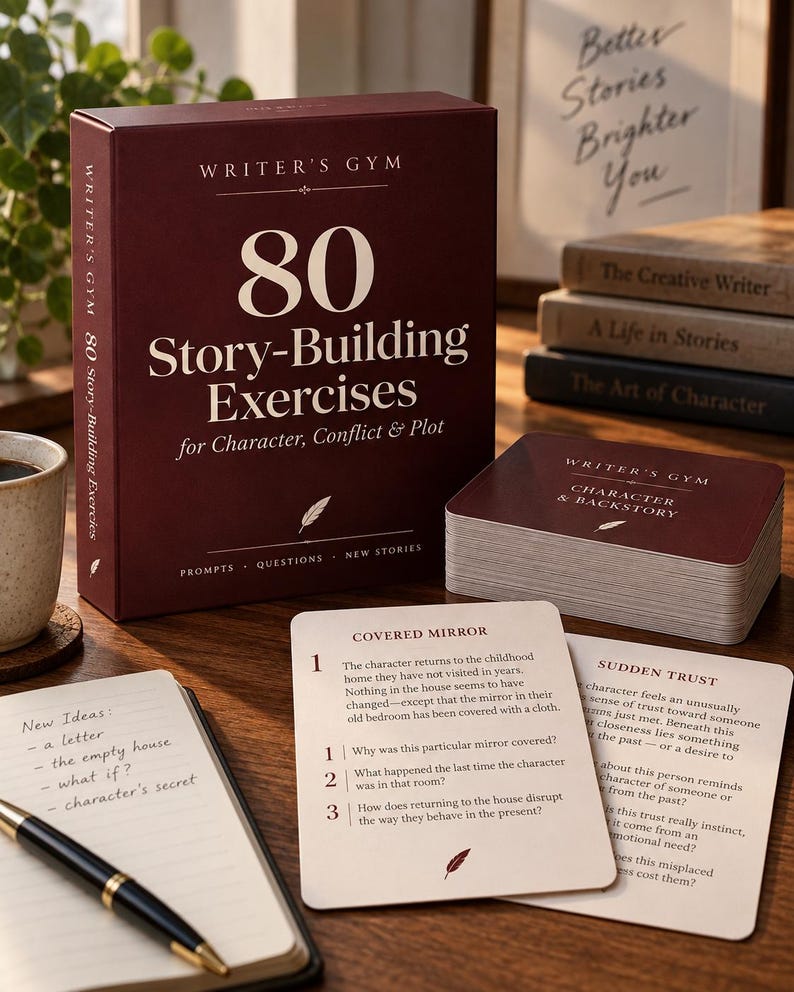 May include: A Writer's Gym box set containing 80 story-building exercises for character, conflict, and plot. The set includes a deck of cards with prompts, questions, and new stories, alongside a notebook with handwritten ideas and a black pen.