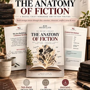 Op de afbeelding: Het digitale werkboek The Anatomy of Fiction van Writer's Gym bevat een centrale omslag met een illustratie van een open boek, omringd door twee interne pagina's met een karakterprofiel en tekst, plus iconen voor de 743-pagina tellende PDF.