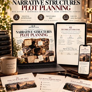 K&ouml;nnte beinhalten: Ein digitales Writer's Toolkit f&uuml;r Erz&auml;hlstrukturen und Plotplanung, angezeigt auf einem Laptop, Tablet und Smartphone, zusammen mit ausgedruckten Arbeitsbl&auml;ttern zu Themen wie Story-Ideen, Plot-Beats und Weltenbau.