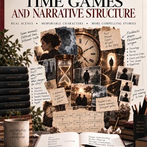 Op de afbeelding: Een poster getiteld Writer's Gym: The Writer's Toolkit Time Games and Narrative Structure. Het bevat een zandloper, klok en diverse scènes van mensen in historische omgevingen, naast tekst over narratieve technieken en schrijftips.