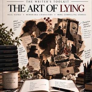 Op de afbeelding: Een poster getiteld The Art of Lying uit de Writer's Toolkit, met een collage van mysterieuze beelden, waaronder een persoon met een masker, silhouetten en een raaf. Een open notitieboek met een pen ligt op de voorgrond, omringd door boeken.
